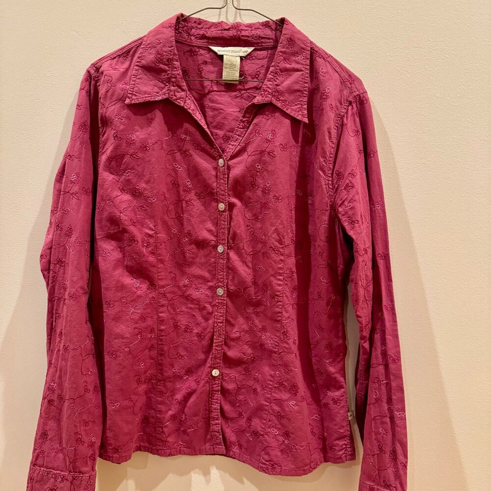 Horny Toad Blouse Button Down Shirt Womens Large Maroon Long Sleeve Embroidered
